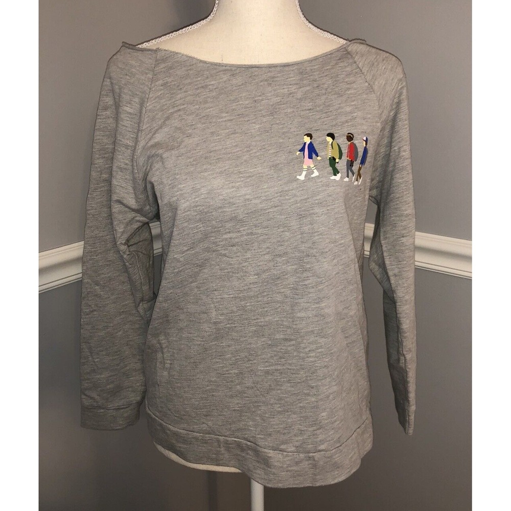 Stranger Things Sweatshirt Womens M Gray Wide Neck off shoulder Netflix Pullover